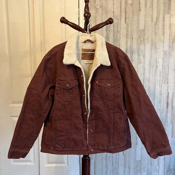 Men's Levi's Sherpa/Denim Trucker Jacket in Burgundy - XL - Picture 2 of 14